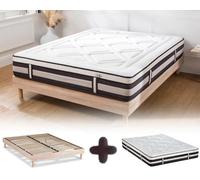 Maison Aubertin Ensemble Matelas Sommier Calliope 180x200, Ép 58, Mémoire de Forme Haute Densité 60 kg/m³, Mousse à Cellules Ouvertes, Lit en Bois Massif Naturel, 2 Personnes