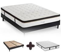 Maison Aubertin Ensemble Matelas Sommier Emeraude 160x200, Ép 54, Mémoire de Forme Haute Densité 60 kg/m³, Mousse à Cellules Ouvertes, Lit en Bois Massif Noir, 2 Personnes