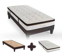 Maison Aubertin - Ensemble Matelas Sommier Emeraude 80x200, Ép 54, à Mémoire de Forme Haute Densité 60 kg/m³, Mousse à Cellules Ouvertes, Lit en Bois Massif, 1 Personne