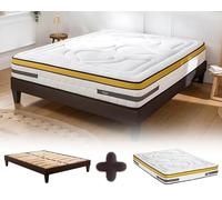Maison Aubertin - Ensemble Matelas Sommier Hybride Aubertin 140x200, Ép 54, 759 Ressorts Ensachés & Mémoire de Forme Haute Densité 60 kg/m³, Lit en Bois Massif, 2 Personnes, Ergonomique