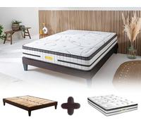 Maison Aubertin - Ensemble Matelas Sommier Hybride Concorde 140x190, Ép 56, 713 Ressorts Ensachés & Mémoire de Forme Haute Densité 60 kg/m³, Lit en Bois Massif, 2 Personnes, Ergonomique
