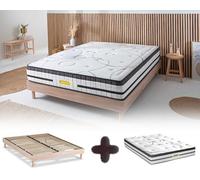 Maison Aubertin - Ensemble Matelas Sommier Hybride Concorde 140x190, Ép 56, Ressorts Ensachés & Mémoire de Forme Haute Densité 60 kg/m³, Lit en Bois Massif Naturel, 2 Personnes