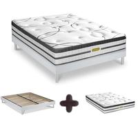 Maison Aubertin - Ensemble Matelas Sommier Hybride Concorde 140x190, Ép 56, Ressorts Ensachés & Mémoire de Forme Haute Densité 60 kg/m³, Lit en Bois Massif Blanc, 2 Personnes