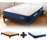 Maison Aubertin - Ensemble Matelas Sommier Hybride Dolce Vita 140x200, Ép 58, 759 Ressorts Ensachés & Mémoire de Forme Haute Densité 60 kg/m³, Lit en Bois Massif, 2 Personnes