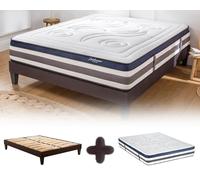 Maison Aubertin - Ensemble Matelas Sommier Quintessence 140x200, Ép 60, à Mémoire de Forme Haute Densité 60 kg/m³, Mousse à Cellules Ouvertes, Lit en Bois Massif, 2 Personnes