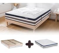 Maison Aubertin Ensemble Matelas Sommier Quintessence 160x200, Ép 60, Mémoire de Forme Haute Densité 60 kg/m³, Mousse à Cellules Ouvertes, Lit en Bois Massif Naturel, 2 Personnes