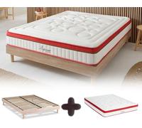 Maison Aubertin - Ensemble Matelas Sommier Suprême 140x190, Ép 54, Mémoire de Forme Haute Densité 60 kg/m³, Mousse à Cellules Ouvertes, Lit en Bois Massif Naturel, 2 Personnes