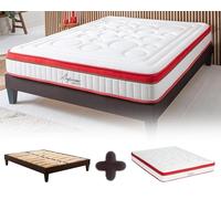 Maison Aubertin - Ensemble Matelas Sommier Suprême 160x200, Ép 54, à Mémoire de Forme Haute Densité 60 kg/m³, Mousse à Cellules Ouvertes, Lit en Bois Massif, 2 Personnes
