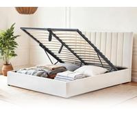 Maison Aubertin - Lit Coffre Double Beige 180x200 Giulia, Tête de Lit en Velours Rembourré, Grand Coffre de Rangement avec Sommier Inclus