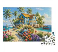 Maison Bleue sur l'île Tropicale Puzzle 1000 Pièces Défiant, Le Paysage Jeux Éducatifs pour Adultes, Cadeau Et Décoration Intérieure 52x38cm/1000pcs