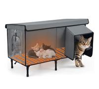 Maison chauffante pour chat pour l'extérieur, grand abri surélevé et imperméable pour chat sauvage avec coussin chauffant, porte d'évacuation sûre, abri pour chat isolé tout autour en coton et feuille