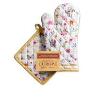 Maison d' Ermine Happy Florals - Sweety Ensemble de Gants de Cuisine (19 cm x 33 cm) et de maniques (20 cm x 20 cm), 100% Coton, pour Barbecue, pâtisserie, Four, Micro-Ondes, grillades, Printemps/été