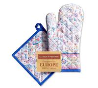 Maison d' Hermine Ensemble manique et Gant de Cuisine 100% Coton (19 x 33 cm et 20 x 20 cm) Gants résistants à la Chaleur pour Manipuler Les Plats Chauds, Printemps-été (Indian Floral)
