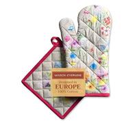 Maison d' Hermine Ensemble manique et Gant de Cuisine 100% Coton (19 x 33 cm et 20 x 20 cm) Gants résistants à la Chaleur pour Manipuler Les Plats Chauds, Printemps-été (Jardin D'Ete - Fog)