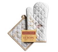 Maison d' Hermine Ensemble manique et Gant de Cuisine 100% Coton (19 x 33 cm et 20 x 20 cm) Gants résistants à la Chaleur pour Manipuler Les Plats Chauds, Printemps-été (Meadow Florals - Beige)