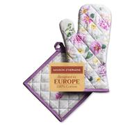 Maison d' Hermine Ensemble manique et Gant de Cuisine 100% Coton (19 x 33 cm et 20 x 20 cm) Gants résistants à la Chaleur pour Manipuler Les Plats Chauds, Printemps-été (Pivoine)