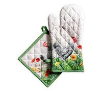 Maison d' Hermine Ensemble manique et Gant de Cuisine 100% Coton (19 x 33 cm et 20 x 20 cm) Gants résistants à la Chaleur pour Manipuler Les Plats Chauds, Printemps-été (Basse Cour)