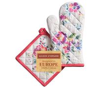 Maison d' Hermine Ensemble manique et Gant de Cuisine 100% Coton (19 x 33 cm et 20 x 20 cm) Gants résistants à la Chaleur pour Manipuler Les Plats Chauds, Printemps-été (Rose Garden)