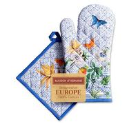 Maison d' Hermine Ensemble manique et Gant de Cuisine 100% Coton (19 x 33 cm et 20 x 20 cm) Gants résistants à la Chaleur pour Manipuler Les Plats Chauds, Printemps-été (Passiflora)