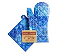 Maison d' Hermine Ensemble manique et Gant de Cuisine 100% Coton (19 x 33 cm et 20 x 20 cm) Gants résistants à la Chaleur pour Manipuler Les Plats Chauds, Printemps-été (Indigo Love)