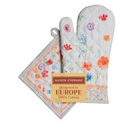 Maison d' Hermine Gant de cuisine et manique 100 % coton résistant à la chaleur pour barbecue, cuisine, mariage et restaurant, Summer Whisper - Printemps/été, gant de four (19 x 33 cm) et manique (20
