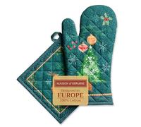 Maison d' Hermine - Gant de four + manique en 100 % coton - Gants de cuisine résistants à la chaleur (19cm x 33cm) et maniques (20cm x 20cm) - Pour femme, Noël Hygge - Thanksgiving/Noël