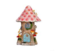 Maison de fée solaire à LED pour décoration de jardin Rose | Résine peinte à la main, résistante aux fissures, lumière LED chaude, 20 cm de hauteur, capteur automatique du crépuscule à