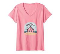 Maison de Plage Style Hamptons Cottage côtier T-Shirt avec Col en V, Femme, Rose, XXL