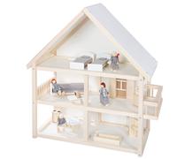 roba Maison de Poupée en Bois avec Balcon + 16 Pièces de Mobilier Miniature et 4 Poupées - Naturel