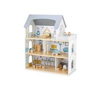 Mamabrum Maison de poupée en bois 3 niveaux, terrasse, meubles & 2 figurines, 70,4 cm