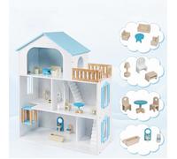 Maison de Poupée COSTWAY - 13 Accessoires de Meubles Miniatures 63 x 30 x 79 5 CM avec Ascenseur Vertical Cadeau pour Enfants Bleu