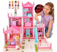 Maison de Poupée de pour Filles avec Lumières, 4 Poupées, Tapis de Jeu et Accessoires de Mobilier - Grande Maison de Poupée à Plusieurs Étages, Jeu d’Imitation, Cadeau pour Enfants dès 3 Ans