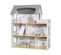 Maison de poupée en bois gris - Grande villa à 3 étages avec 14 pièces. Accessoires | Maison de poupée moderne en bois avec meubles et figurines | Villa de poupée à partir de 3 ans