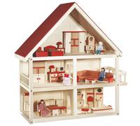 Maison De Poupée En Bois Naturel Roba - Toit À Pignon Rouge - 3 Étages - 4 Poupées Et Meubles Miniatures