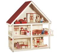 Maison De Poupée En Bois Naturel Roba - Toit À Pignon Rouge - 3 Étages - 4 Poupées Et Meubles Miniatures