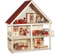 Maison de poupée en bois - ROBA - 3 étages avec 21 pièces de mobilier et 4 poupées - Naturel / Rouge
