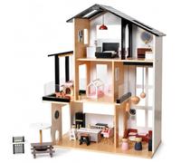 Maison de poupée moderne en bois avec ensemble de meubles et figurines de jeu de 49 pièces, avec chambre pour chien, grande villa urbaine pour enfants, design scandinave, ensemble de meubles de maison
