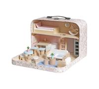 Maison de poupée portable dans un coffret rose - Maison de poupée pour les déplacements avec 2 étages et de nombreux accessoires en bois - Maison de jeu de voyage conçue avec soin aux couleurs pastel