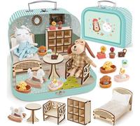 Maison de Poupée Valise Portable avec Accessoires, Mini Maison DIY avec Chat et Chien en Peluche, Meubles en Bois, Jeu d’Imitation, Idée Cadeau Anniversaire Noël pour Enfants Fille Garçon dès 3 Ans