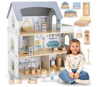 Maison de Poupées en Bois - 3 étages avec Terrasse et Accessoires, Mobilier Complet - Jeu Éducatif Mamabrum MAM178 en Bois Naturel