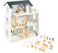 Maison de poupées MAMABRUM 70x30x60 cm 3 niveaux Terrasse- 19 pièces mobiles et 4 figurines- Jouet d'imitation- Norme CE