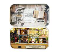 Maison de poupées Miniature DIY Faite Main, Petite Maison de poupées au thème rétro avec éclairage LED, livrée avec Un carnet pour la décoration de la Maison ou comme Cadeau, kit (Coin de Rue Joyeux)