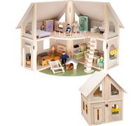 maison de poupées pliante en bois howa avec 30 pièces de mobilier, 4 poupées et un chien 7016