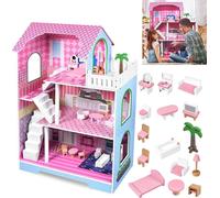 Maison de poupées pour enfants Maison en bois 100x70x30cm Set de maison de poupées rose 3 étages PLAYMOBIL Dollhouse avec meubles & accessoires DIY, pour filles et garçons CEEDIR
