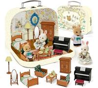Maison de Poupées Valise Meubles Accessoires DIY Miniature avec 2 Poupées Articulées Piano Mobilier de Chambre Cadeau Jouet pour Enfants Filles Garçons dès 3 Ans