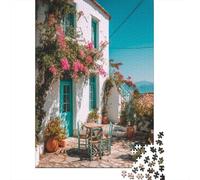 Maison de Style grecPuzzles pour Adultes 70x50cm/1000pcs,Jeux De Défi Terrasse, Table et chaises en Bois