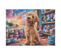 Maison de thé Golden Retriever 500 Pieces Casse-tête Collectionneur en Carton sans Déformation Très Difficile Motif Complexe Décoration Murale Cadeau Noël Premium 500 PCS/52×38cm