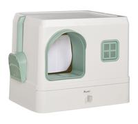 Maison De Toilette Chat Design Maisonnette - Pelle, 2 Désodorisants, Plateau Coulissant Intégrés - Blanc Vert