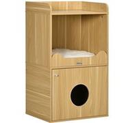 Maison De Toilette Chat - Porte, Niche Avec Coussin, Plateau - Panneaux Aspect Bois Clair
