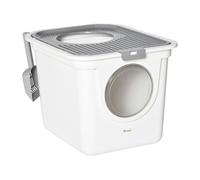 Maison de toilette litière pour chat double porte battante et supérieure - pelle incluse - blanc gris